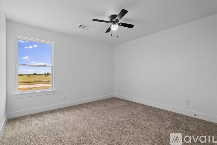 A room with a ceiling fan and a window showing a field and sky.