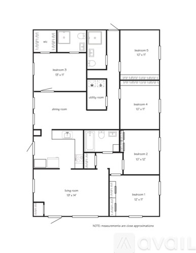 A floor plan of an apartment with five bedrooms and a dining room.