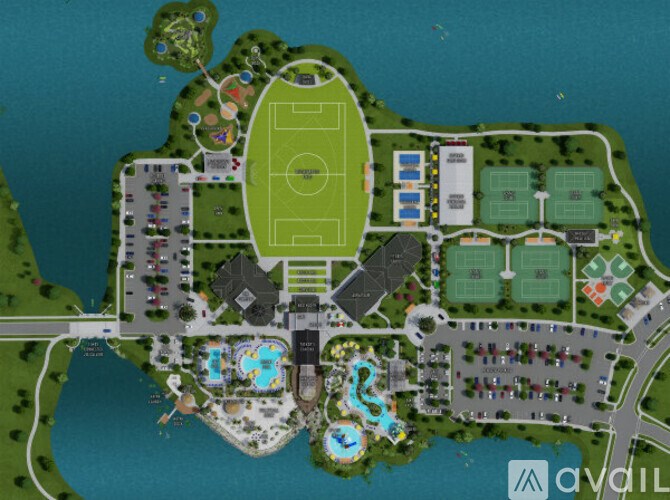A map of a park with a football field, tennis courts, and a swimming pool.