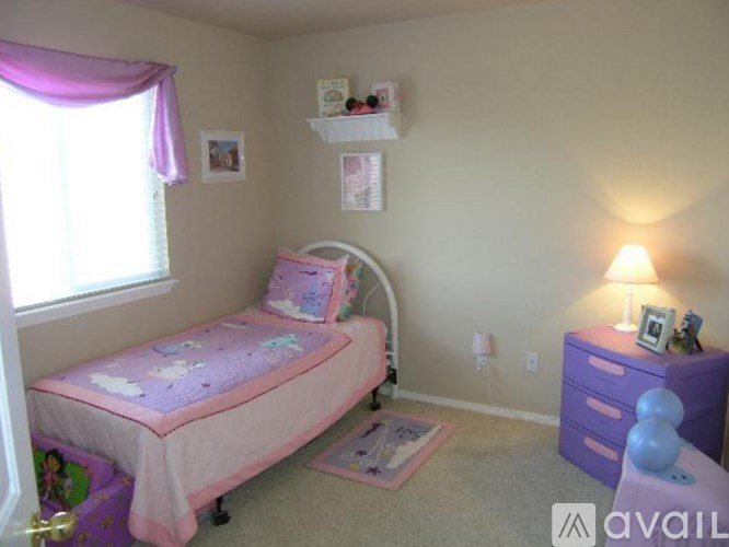 A bedroom with a pink bed and a purple dresser.