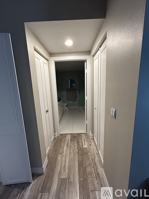 A hallway with a white door and a light on the ceiling.