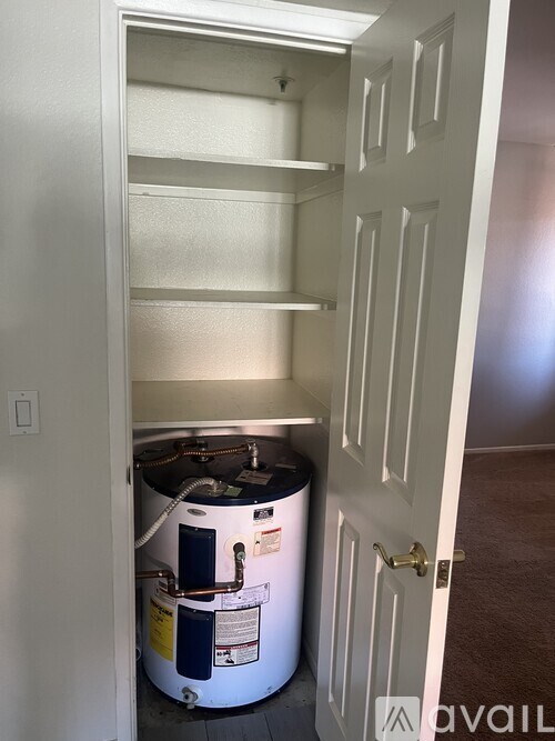 A white door is open to a room with a water heater in it.