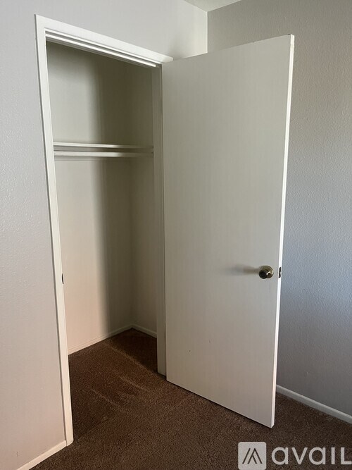 A white door is open to a carpeted hallway.