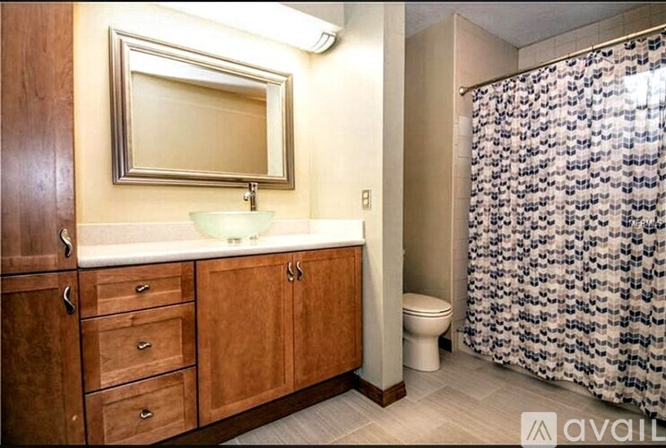 A bathroom with a wooden vanity and a shower curtain.