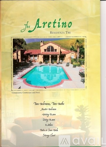 A book cover for The Aretino Residenza Tre with a pool and a picture of the building.