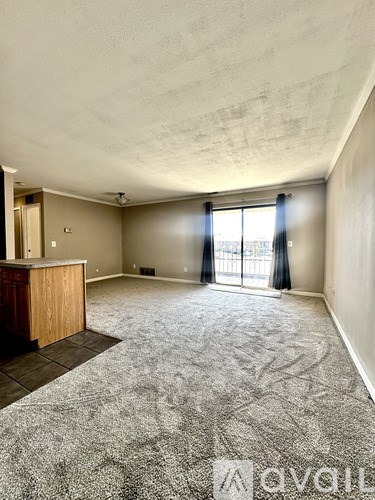 A room with a carpeted floor and a wooden cabinet.