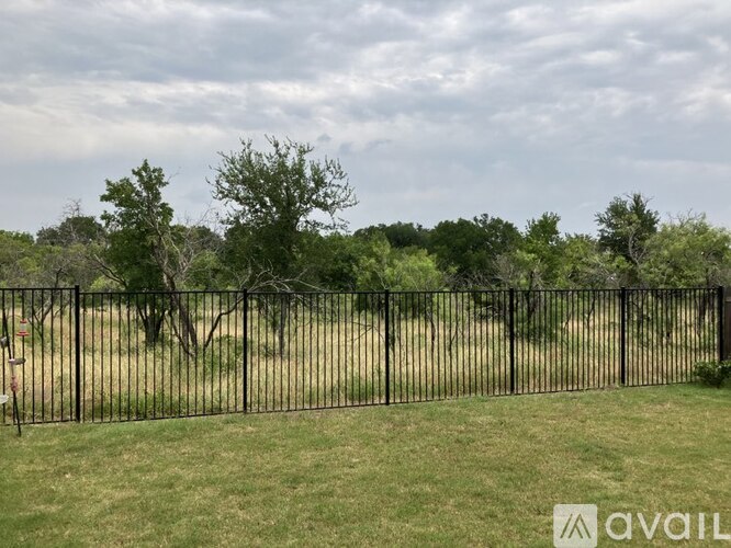 A black metal fence in front of a grassy field with trees in the background.