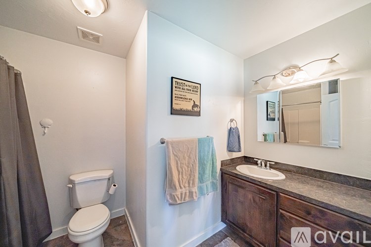 A bathroom with a toilet, sink, and mirror.