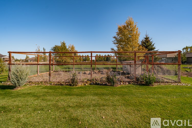 A backyard with a fence and a tree.