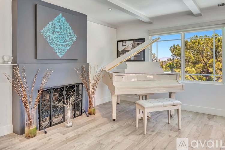 A room with a piano and a wall art.
