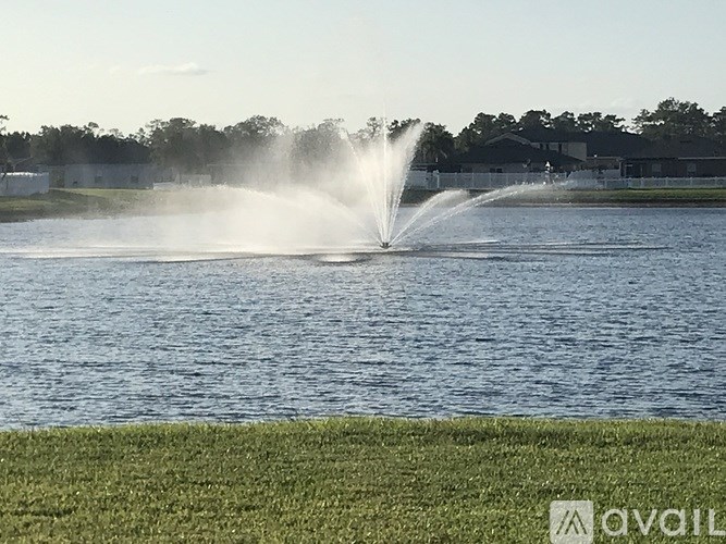 A fountain is shooting water high into the air over a body of water.