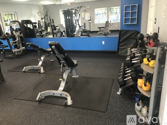 A gym with a variety of equipment including weights and weight machines.