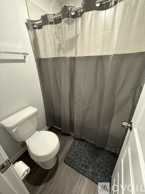 A white toilet sits next to a shower curtain in a bathroom.