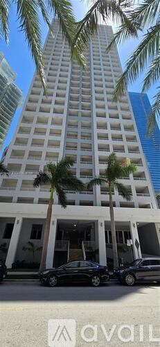 A tall white building with a palm tree in front of it.