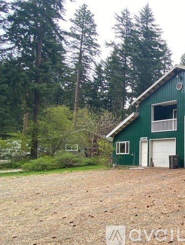 A green building with a white door and windows is surrounded by trees.