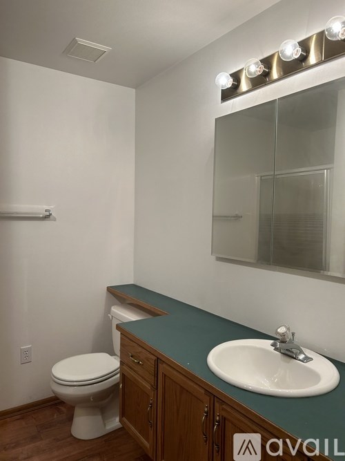A bathroom with a toilet, sink, and mirror.