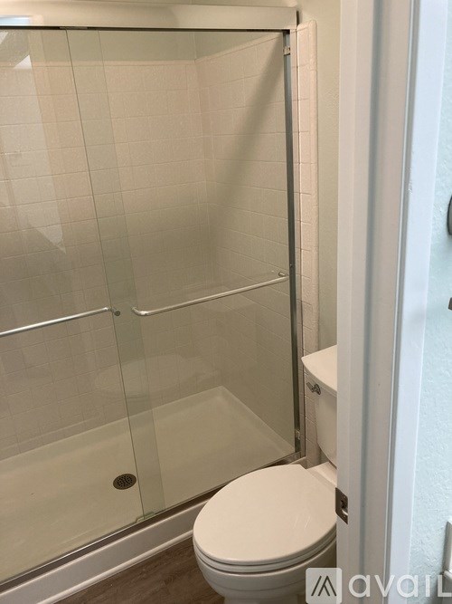 A white toilet in a bathroom with a glass shower door.