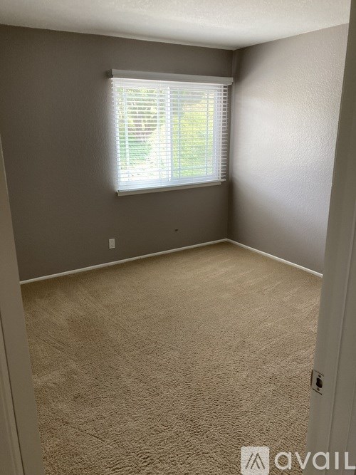 A room with a carpeted floor and a window with blinds.