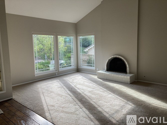 A room with a fireplace and a carpeted floor.