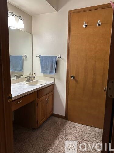 A bathroom with a sink, mirror, and towel rack.