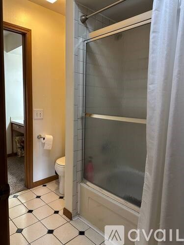 A bathroom with a toilet, a shower with a glass door, and a white shower curtain.