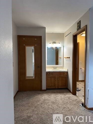 A bathroom with a sink, mirror, and wooden door.