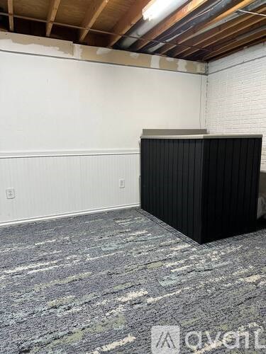 A room with a black radiator and a grey carpet.