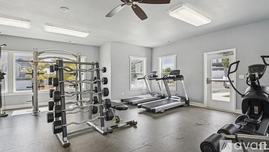 A well-equipped home gym with a variety of exercise machines.