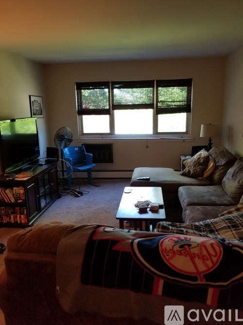 A living room with a couch, a chair, a coffee table, and a television.