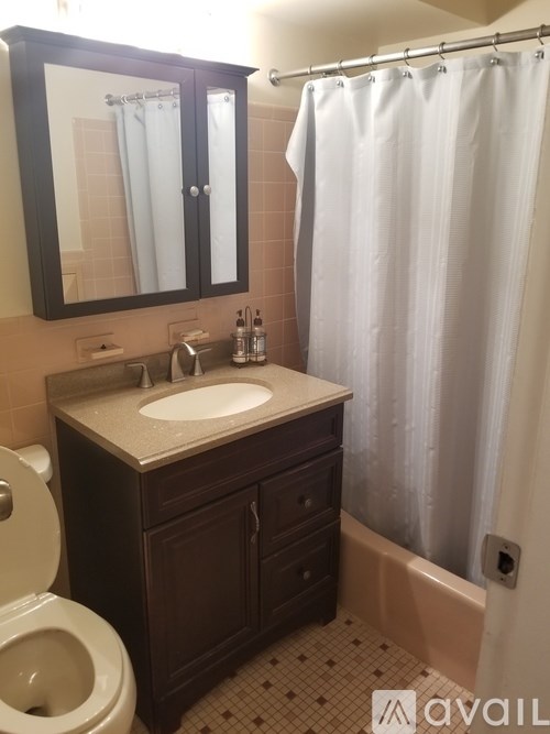 A bathroom with a sink, toilet, and shower.