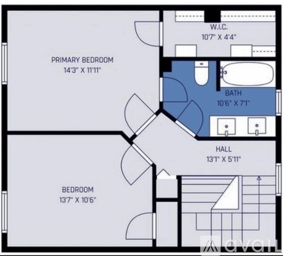 A floor plan of a home with a primary bedroom, bath, and hall.