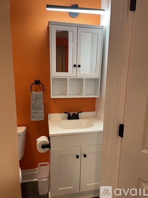 A bathroom with orange walls and a white sink cabinet.