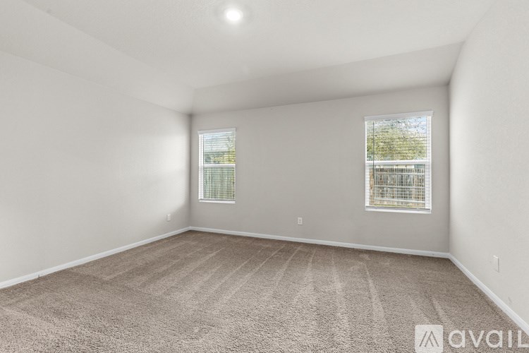 A room with carpeted floor and two windows.