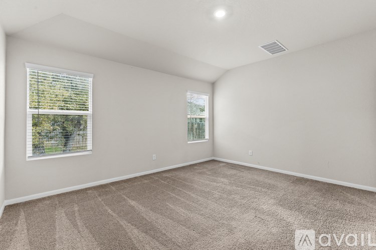 A room with carpeted floor and two windows.