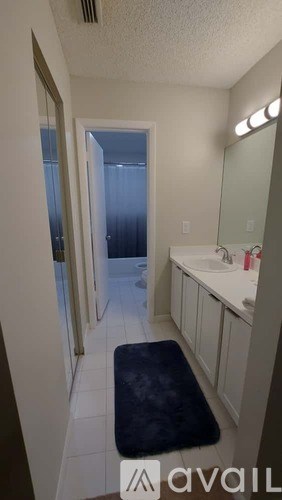A bathroom with a sink, mirror, and a blue rug.