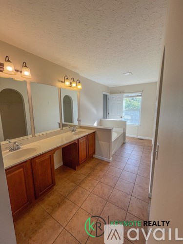 A bathroom with two sinks and a large mirror.