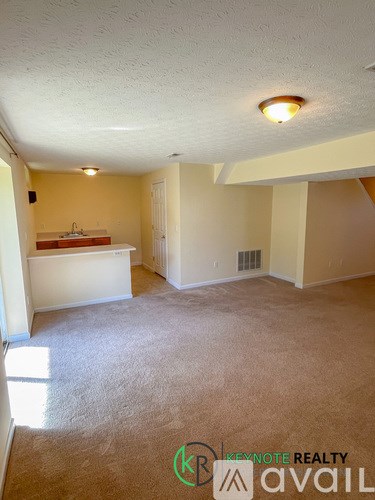 A room with a carpeted floor and a ceiling light.