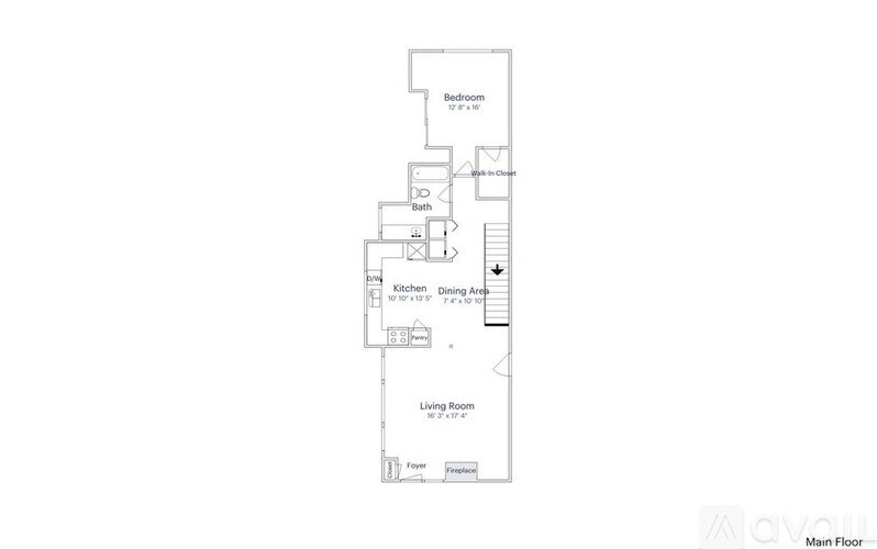 A floor plan of a home with a main floor, bedroom, bath, kitchen, dining area, living room, and a fireplace.