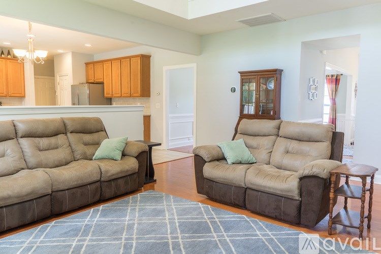 A living room with two couches and a rug.