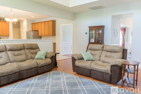 A living room with two couches and a rug.