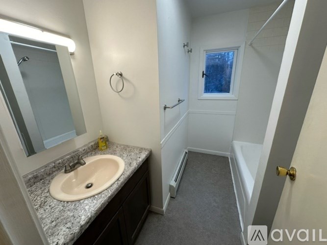 A bathroom with a sink, mirror, and a shower.
