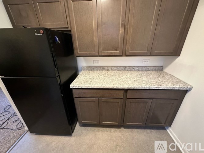 A kitchen with a black fridge and brown cabinets.