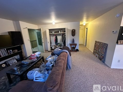 A living room with a brown couch and a television.