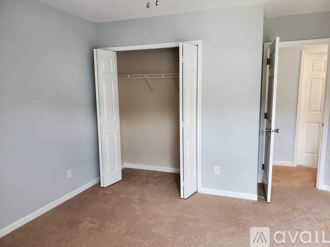 A room with a carpeted floor and a white closet door.