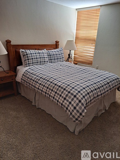 A bed with a checkered comforter and two pillows sits in a room with a carpeted floor.