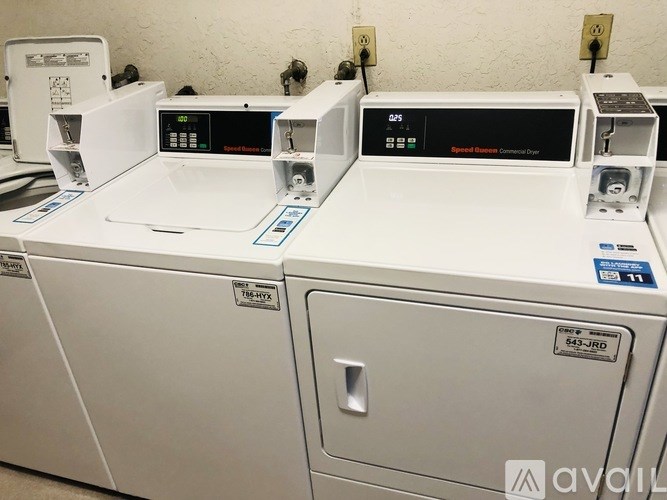 A row of white appliances with digital displays on top.