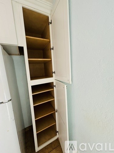 A white pantry cabinet with shelves is open.