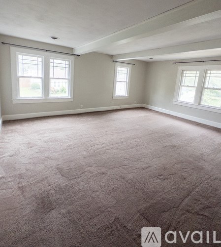 A large empty room with carpeted floor and three windows.