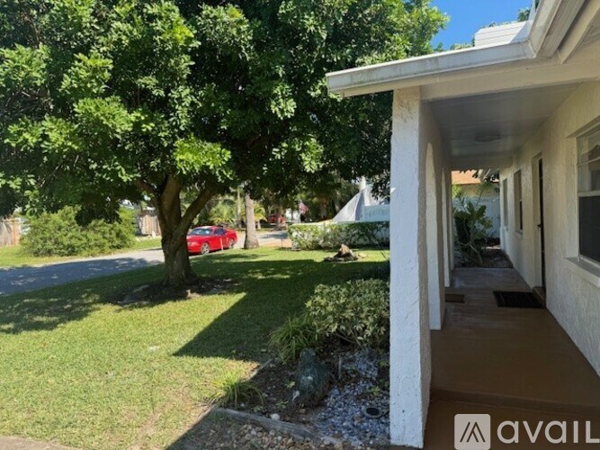 A red car is parked behind a large tree in a residential area.