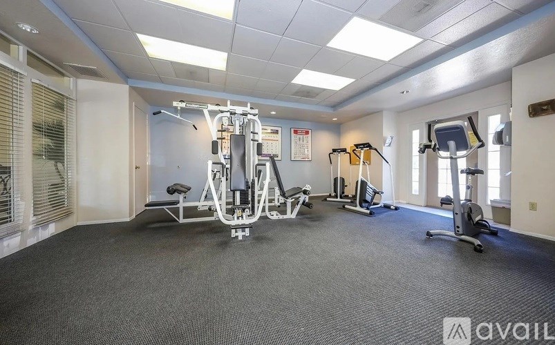 A gym with a variety of equipment including a treadmill, a stationary bike, and a weight bench.